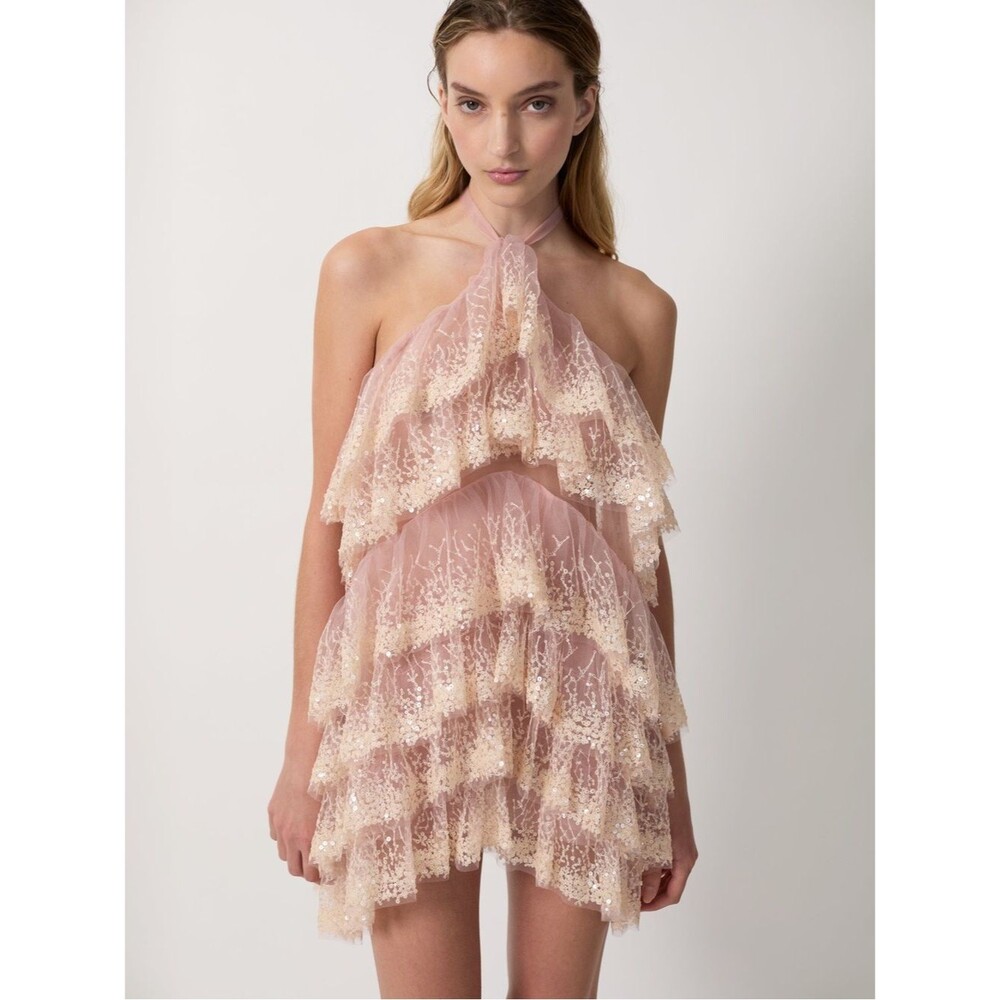 NEW AKNVAS Angelica pink cocktail dress Lace Tiered Party Dress W Sequins